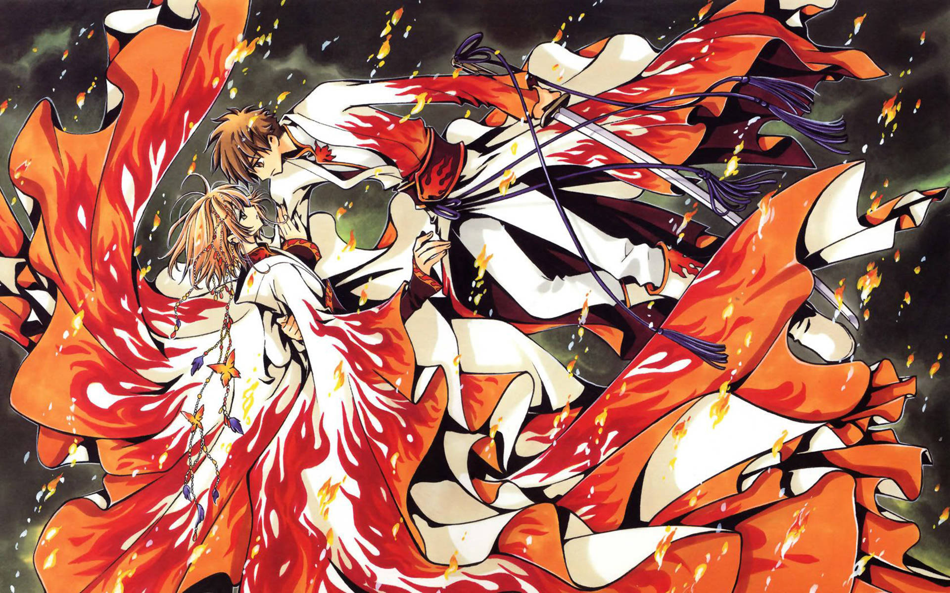 tsubasa reservoir chronicle 桌布 壁紙 — 兩個動漫角色身穿飄逸的紅色和白色長袍，在旋轉的火焰中擁抱，背景是黑暗的暴風雨天空。