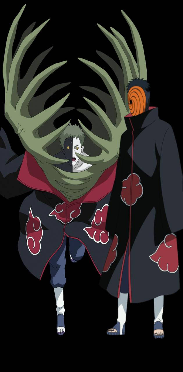 Zetsu 桌布 壁紙 — 兩個動漫角色身穿黑色斗篷，上有紅色雲朵，一個有巨大的綠色鹿角，另一個戴著橙色螺旋面具，背景為黑色。