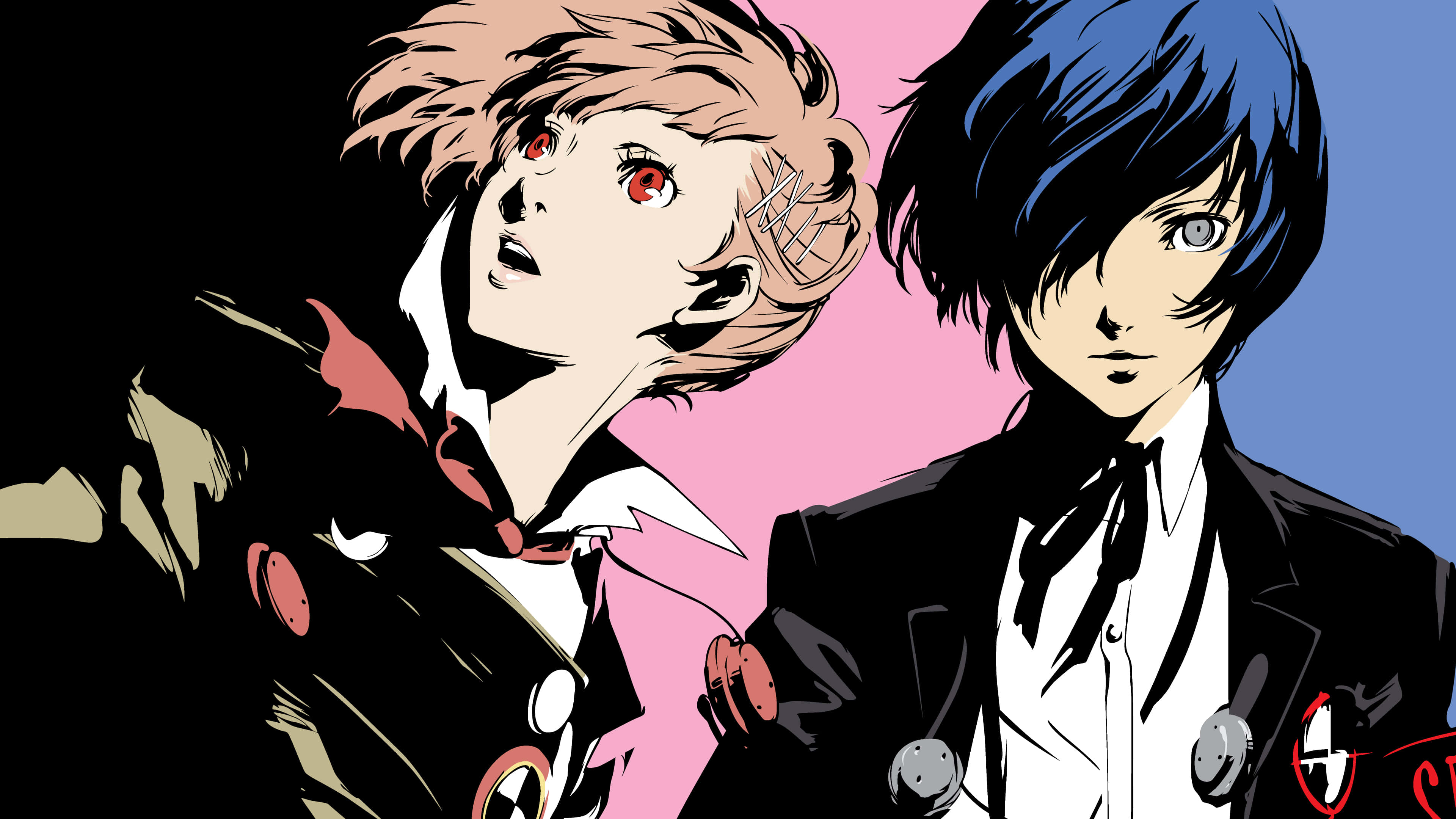 Anime Character 桌布 壁紙 — 兩個動漫角色身穿黑色西裝，在紅色和藍色背景下互相凝視。