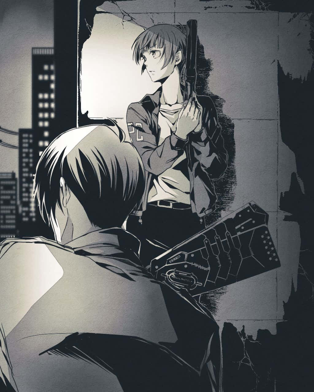 Akane Tsunemori 桌布 壁紙 — 兩個動漫角色身處一個粗糙的城市環境中，其中一個手持武器，而另一個透過破窗觀望。