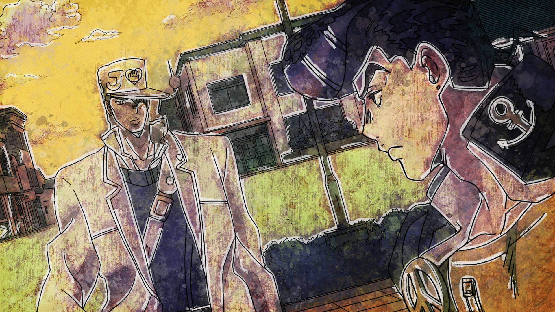 Josuke 桌布 壁紙 — 兩個動漫角色身處在粗糙的城市小巷，上方是溫暖的黃色天空，帶有紋理筆觸。