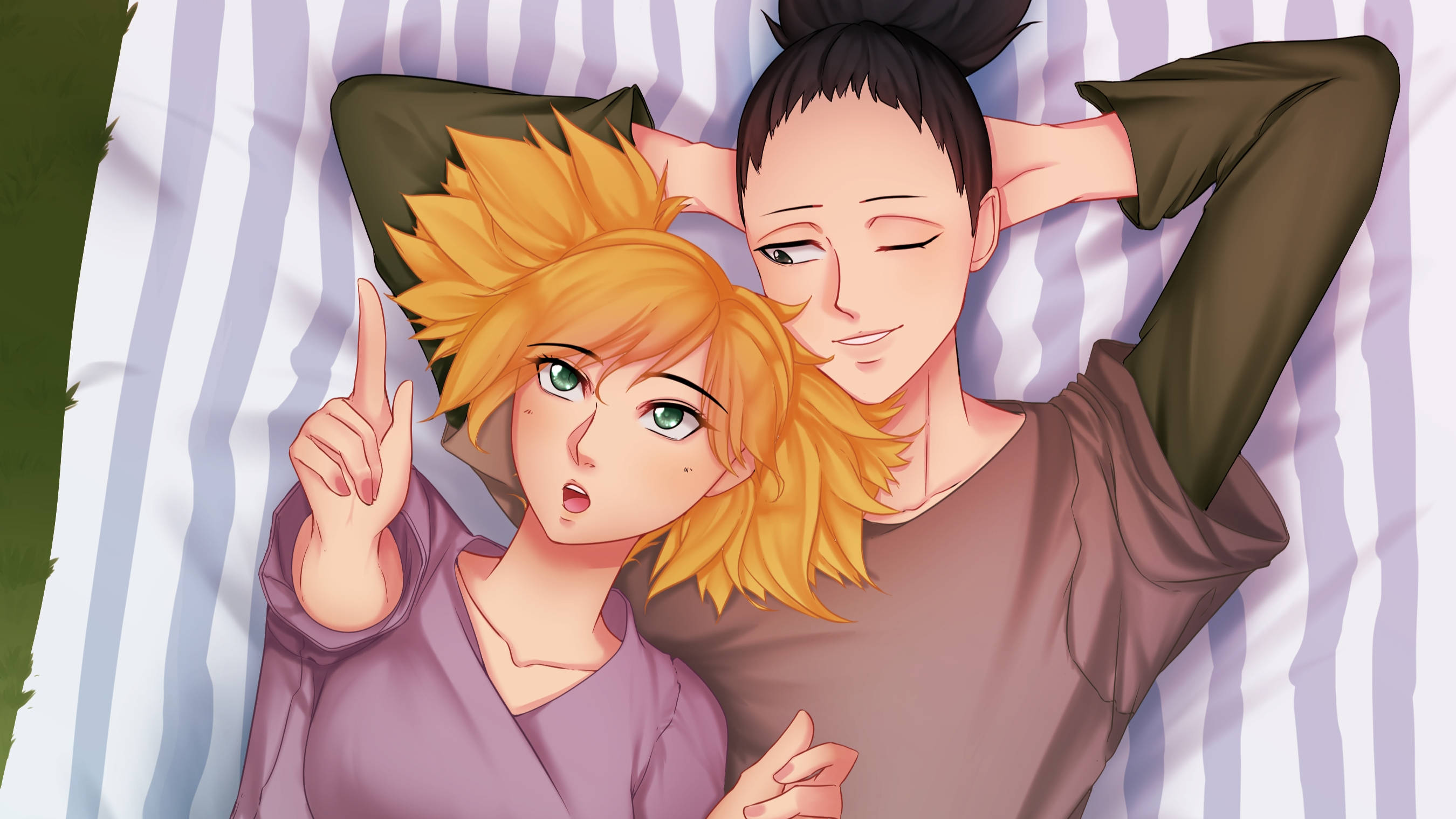 Shikamaru 桌布 壁紙 — 兩個動漫角色躺在條紋床單上，一個驚訝地向上指，另一個滿足地微笑，雙手放在腦後。