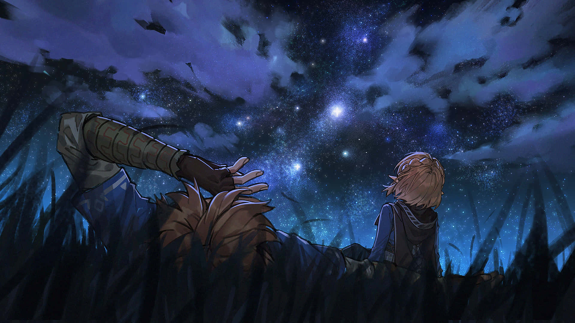 The Legend Of Zelda Tears Of The Kingdom 桌布 壁紙 — 兩個動漫角色躺在高高的草叢中，仰望星空，其中一個伸手朝向星星。