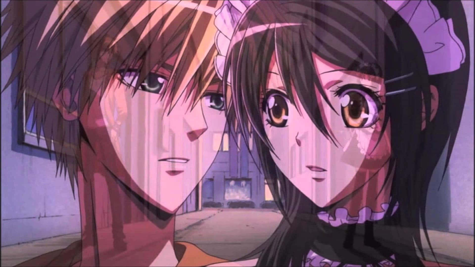 Maid Sama 桌布 壁紙 — 兩個動漫角色透過被雨水打濕的玻璃凝視對方，表情溫柔而親密，背景是模糊的城市景觀。
