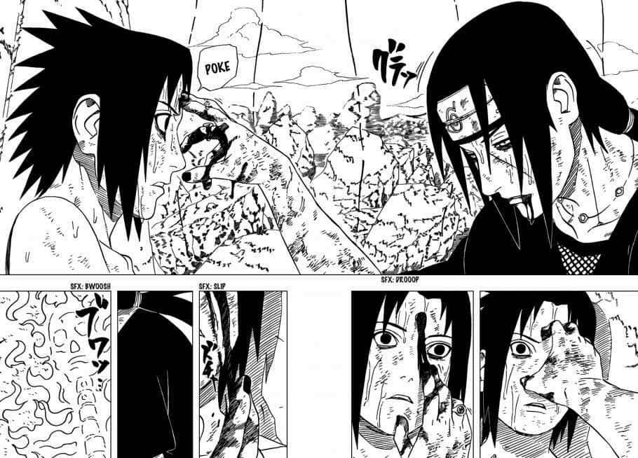 Naruto Manga 桌布 壁紙 — 兩個動漫角色進行緊張的徒手搏鬥序列，帶有動態動作線和擬聲詞。