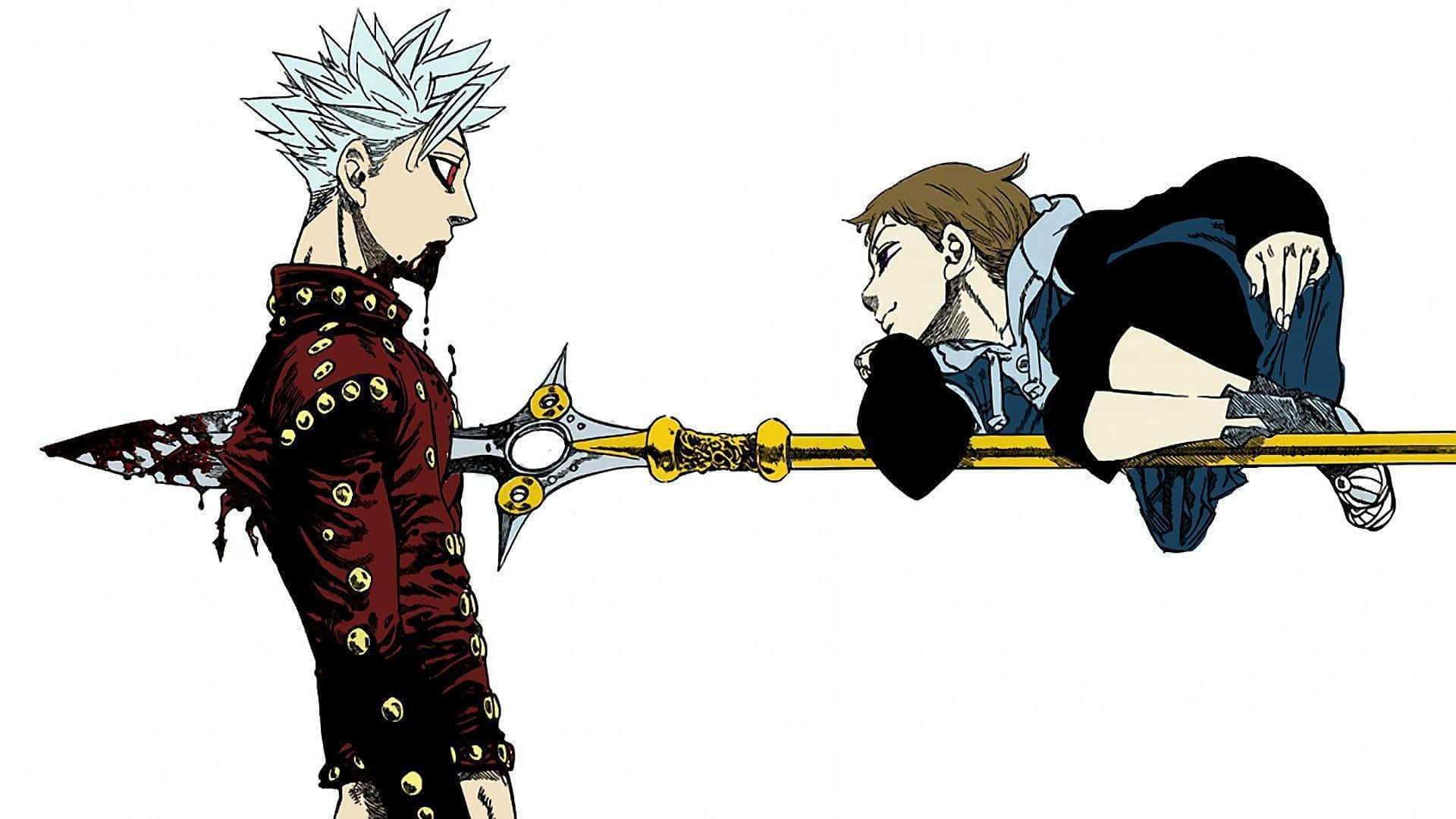 Seven Deadly Sins Ban 桌布 壁紙 — 兩個動漫角色隔著一把長長的華麗長矛對峙，一個有白色尖刺頭髮、身穿紅色盔甲，另一個有棕色頭髮、身穿藍色衣服。