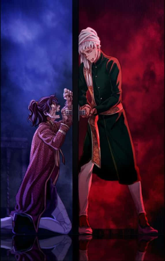 Black Butler Agni 桌布 壁紙 — 兩個動漫角色隔著一道發光的界線對峙，一個在藍色迷霧中，另一個在紅色煙霧中，陷入緊張的戰鬥。