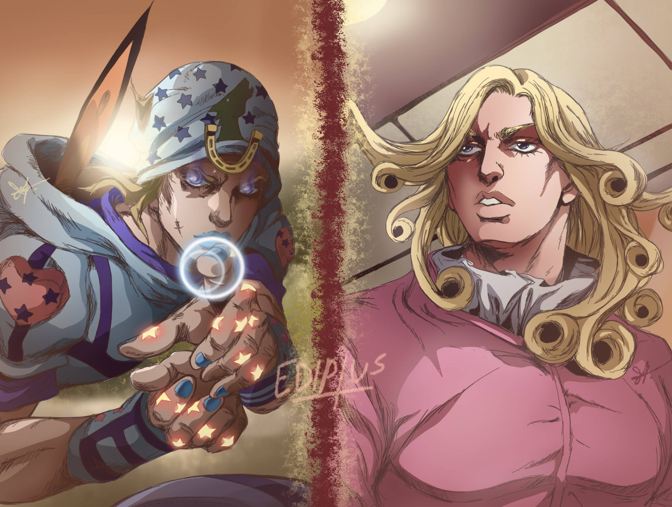 Johnny Joestar 桌布 壁紙 — 兩個動漫角色隔著一道裂開的紅色裂縫對峙，其中一個戴著星星圖案的帽子，雙手發光，另一個則有捲曲的金色頭髮和銳利的眼神。
