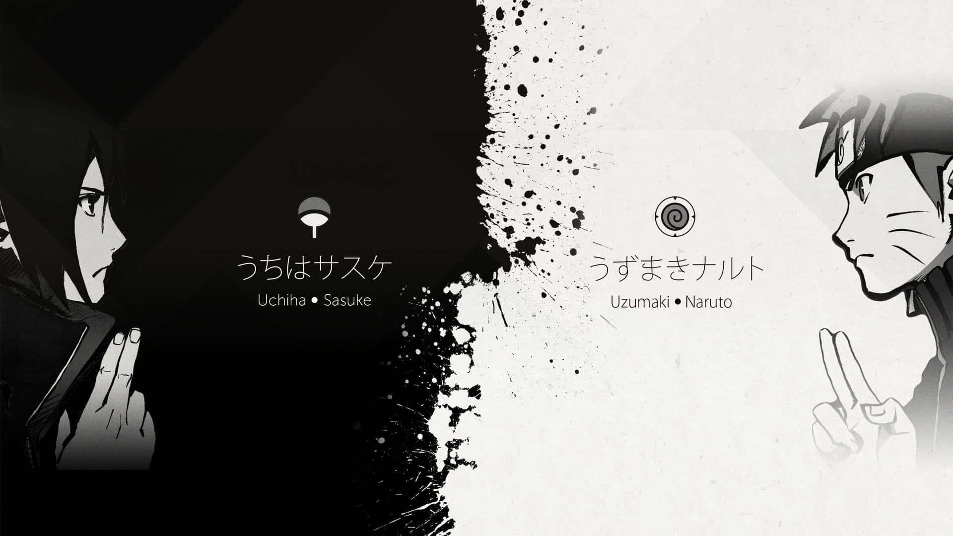 Naruto Black And White 桌布 壁紙 — 兩個動漫角色隔著一道鮮明的黑白墨水飛濺分界線面對面，一個在陰影中，另一個在光明中。