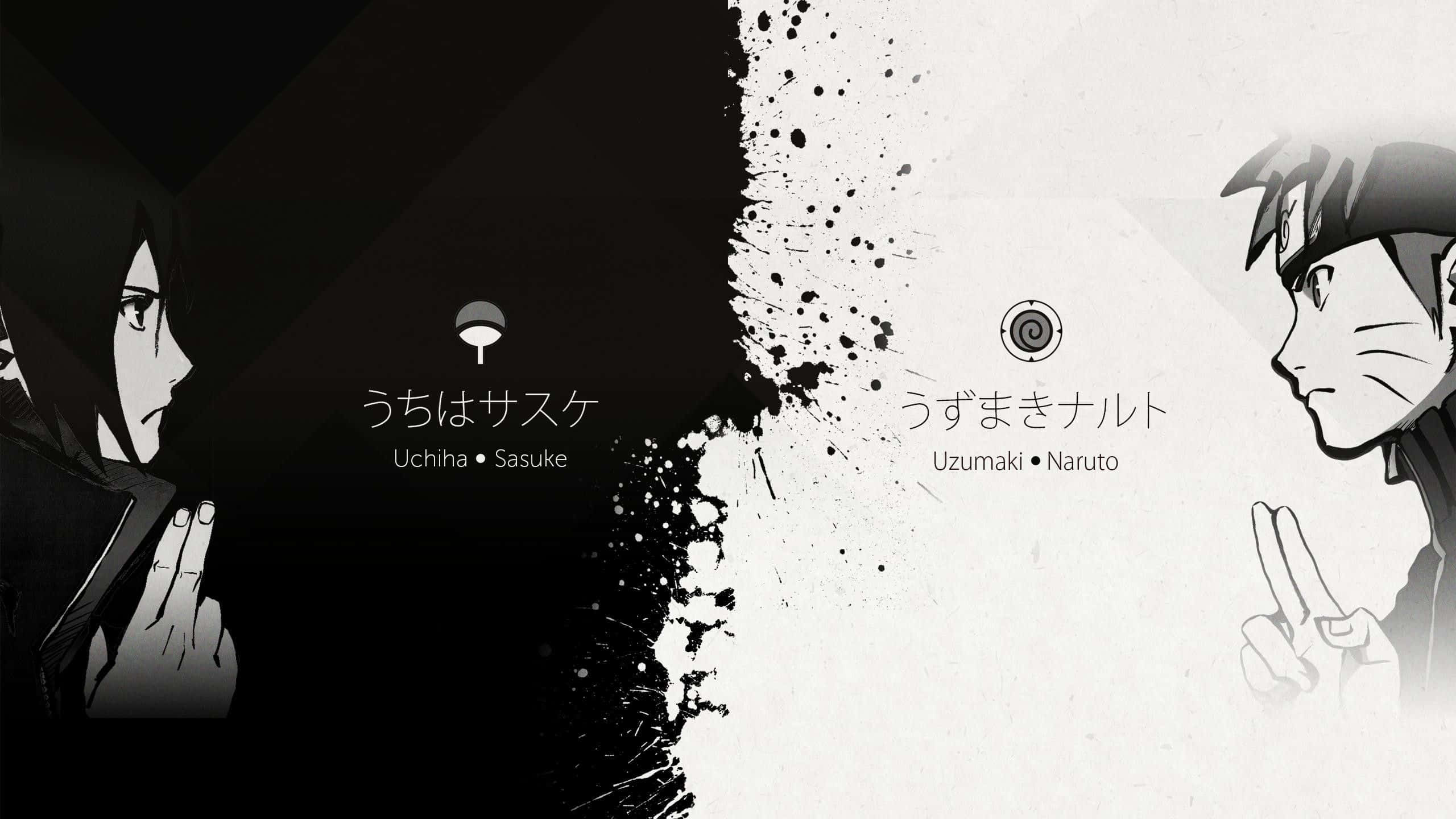 Naruto Aesthetic Computer 桌布 壁紙 — 兩個動漫角色隔著一道鮮明的黑白墨水飛濺分界線面對面，一個在陰影中，另一個在光明中。