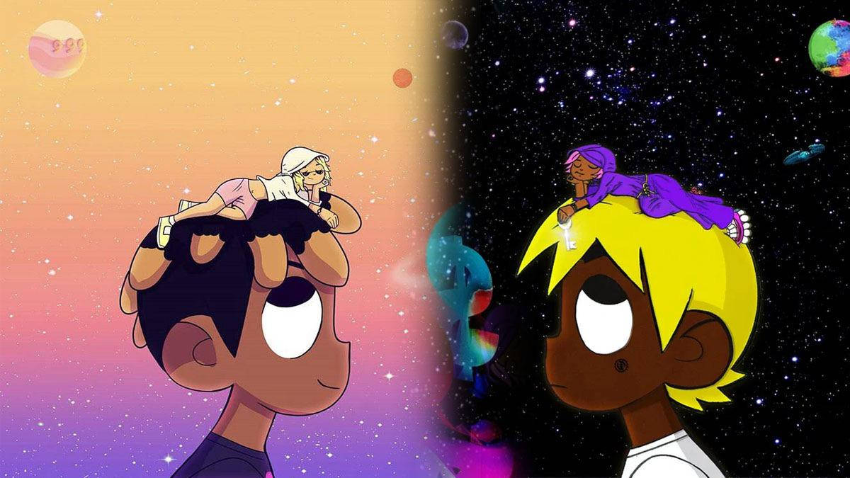 兩個動漫角色凝視著日落與星辰分裂的宇宙。 — Juice Wrld 壁紙