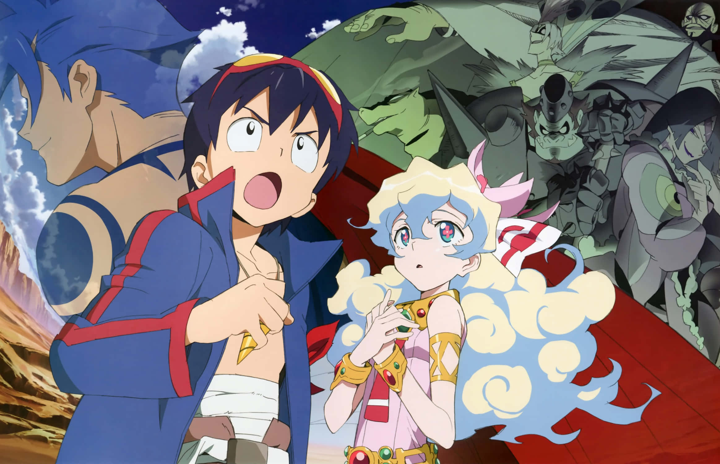 Gurren Lagann 桌布 壁紙 — 兩個動漫角色震驚地反應，因為威脅性的身影在戲劇性的天空背景下隱約出現在他們身後。