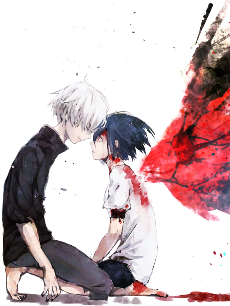 Ayato Kirishima 桌布 壁紙 — 兩個動漫角色面對面跪著，背景有血跡和紅色抽象潑濺。