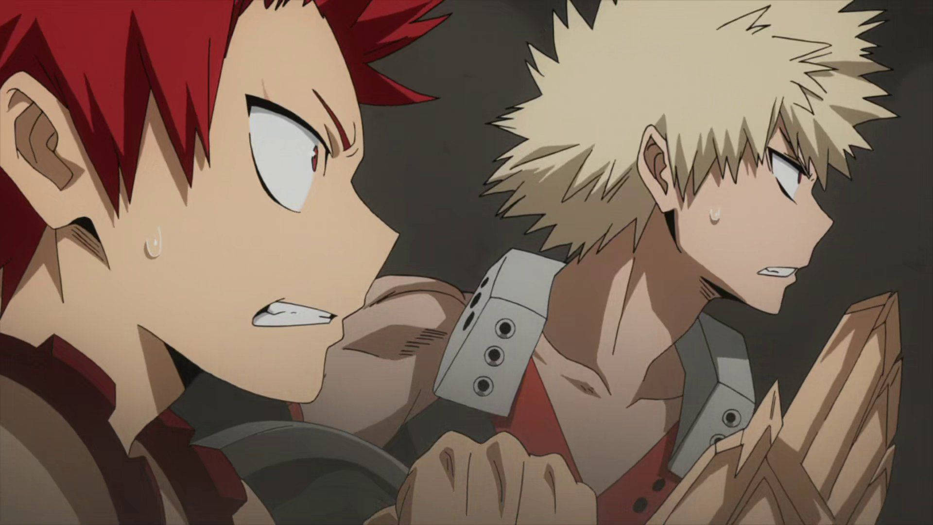 Eijiro Kirishima 桌布 壁紙 — 兩個動漫角色頭髮尖刺，在近距離戰鬥場景中繃緊，表情堅定。