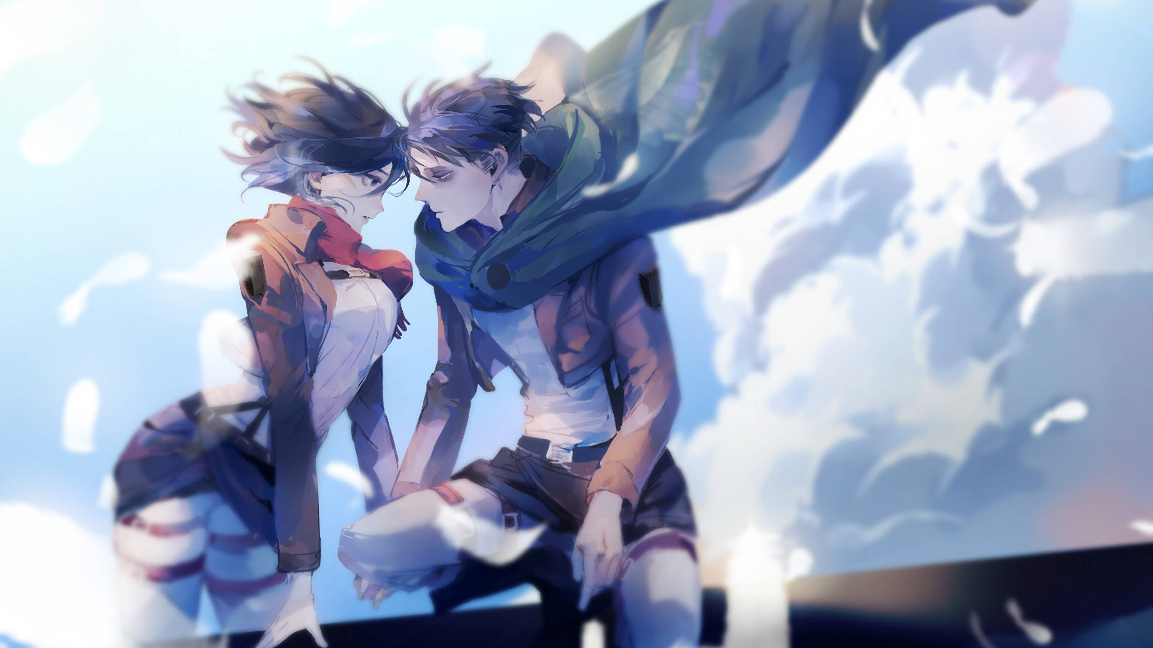 Levi 桌布 壁紙 — 兩個動漫角色頭髮被風吹起，在明亮的天空背景下，有柔軟的雲朵和飄浮的花瓣，彼此靠近。