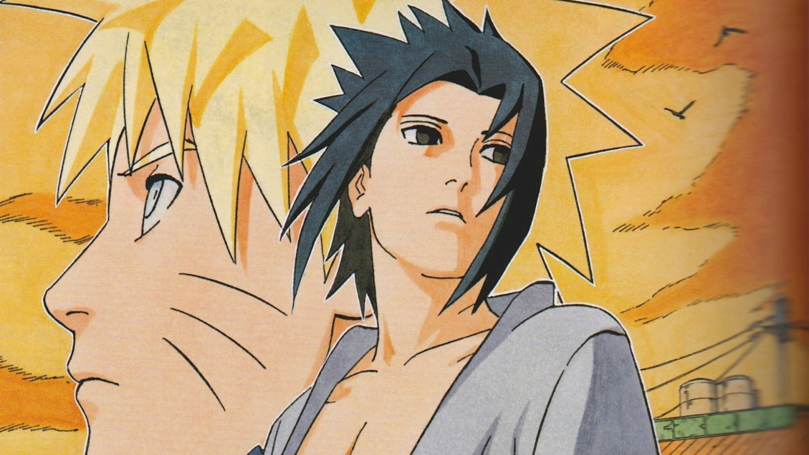 Naruto And Sasuke 桌布 壁紙 — 兩個動漫角色頭髮豎起，在溫暖的日落天空下向前凝視，鳥兒飛翔。