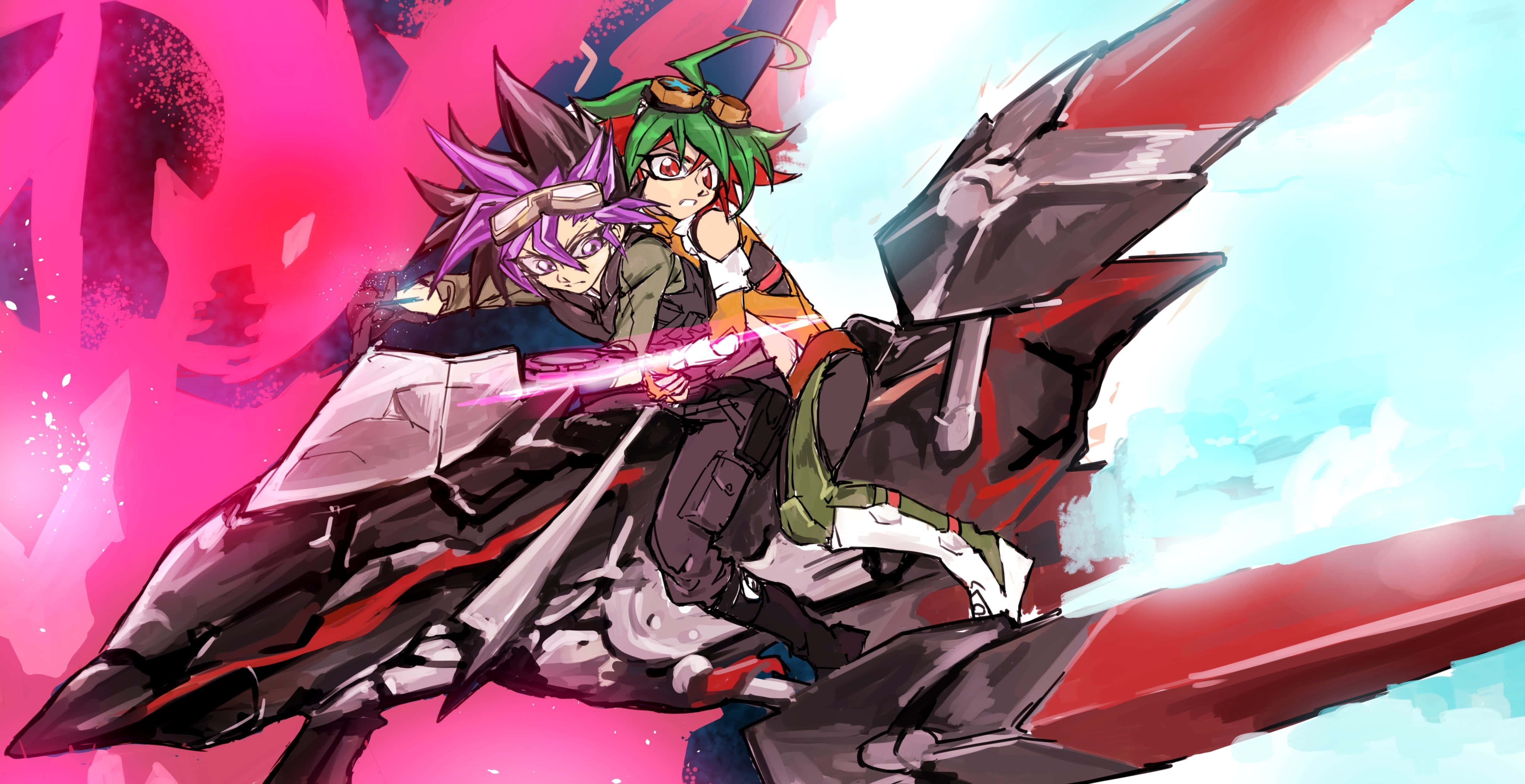 Yu-gi-oh Yuto 桌布 壁紙 — 兩個動漫角色騎著一輛流線型的紅黑機甲，穿過充滿活力的粉紅和藍色天空。
