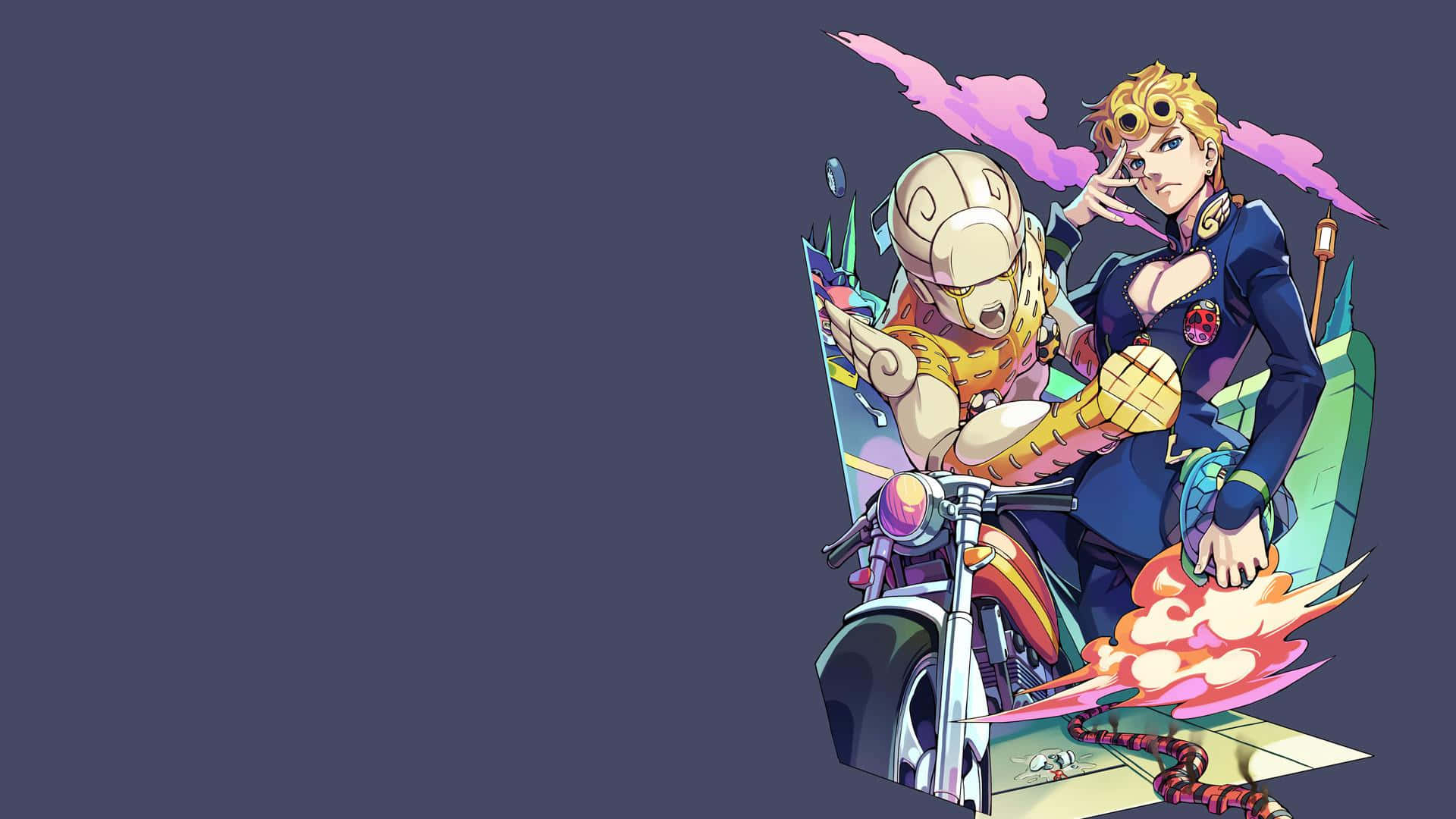 Kira Yoshikage 桌布 壁紙 — 兩個動漫角色騎著一輛火焰摩托車，背景是深紫色，帶有粉紅色煙霧痕跡。