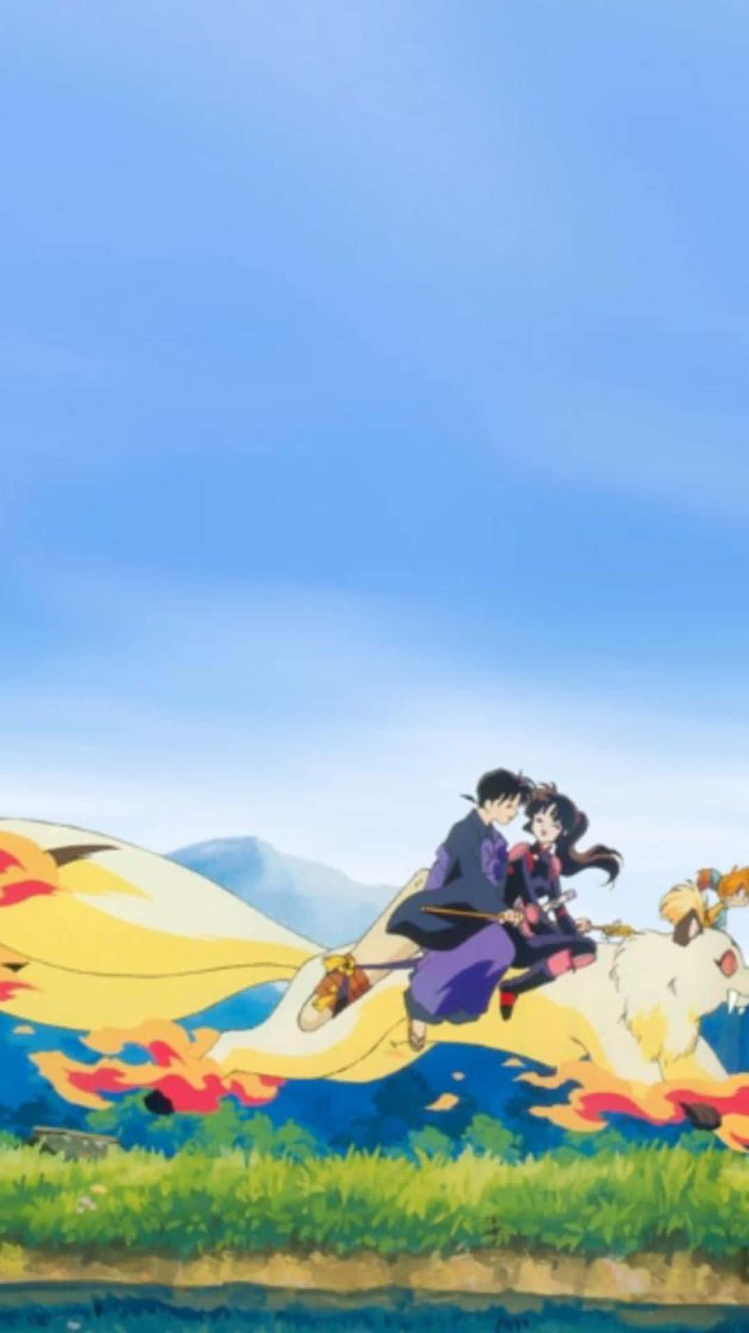 Miroku 桌布 壁紙 — 兩個動漫角色騎著一隻火焰狐狸般的生物，在晴朗的藍天下穿過草地。