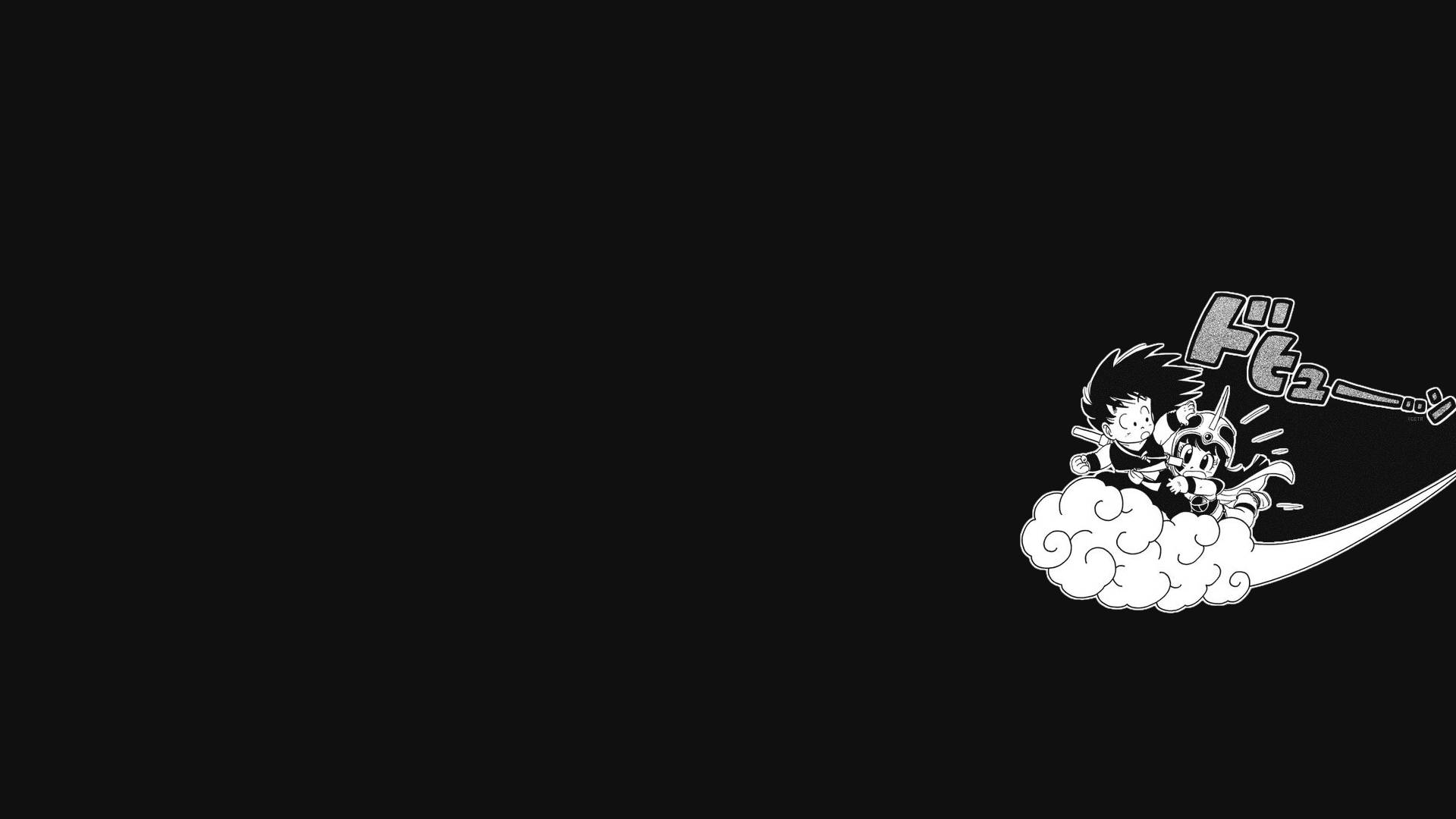 Monochrome 桌布 壁紙 — 兩個動漫角色騎著帶有動感線條的風格化雲朵，背景為純黑色。