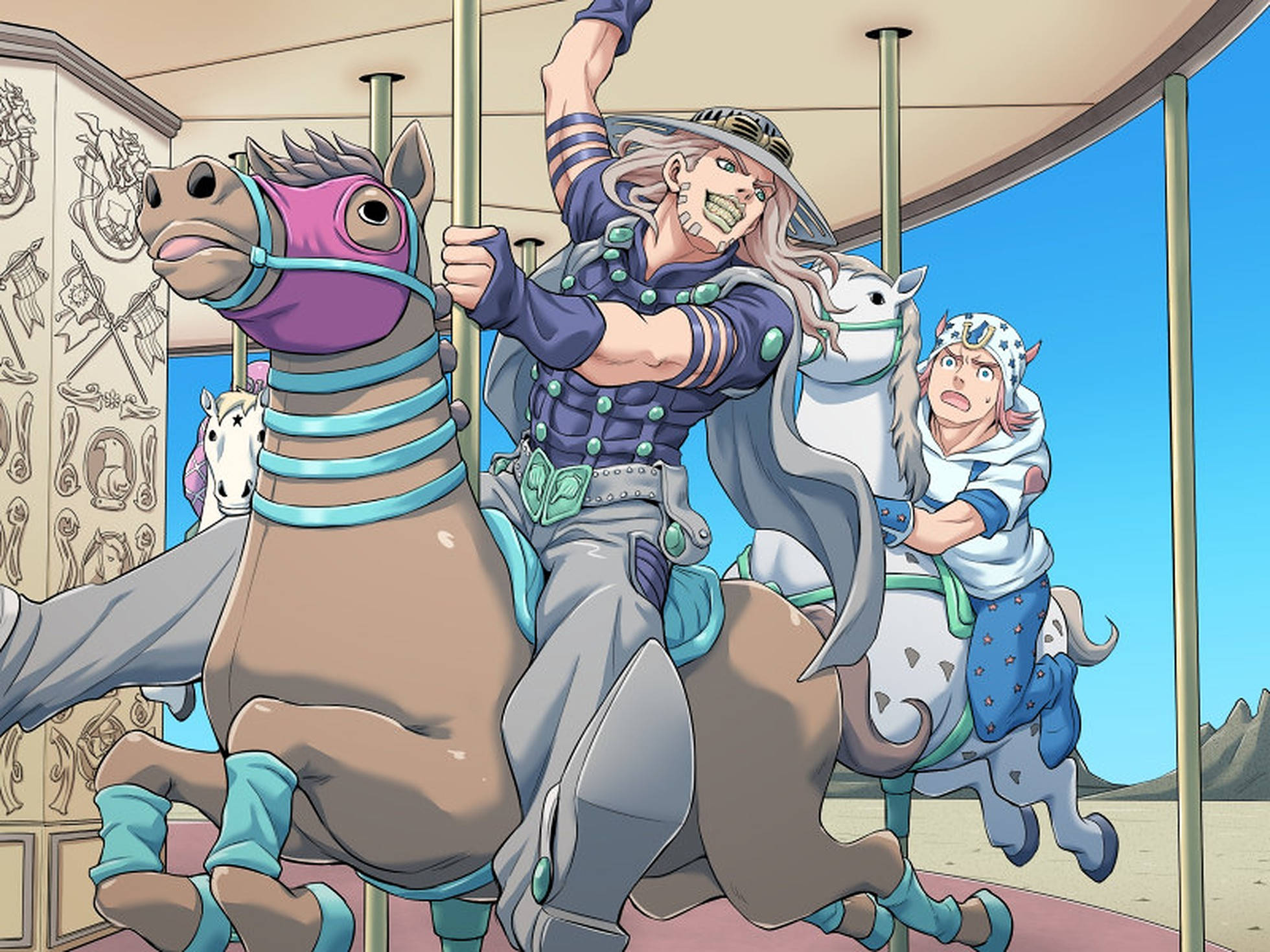 Gyro Zeppeli 桌布 壁紙 — 兩個動漫角色騎著色彩繽紛的旋轉木馬，表情誇張，背景是明亮的藍天。