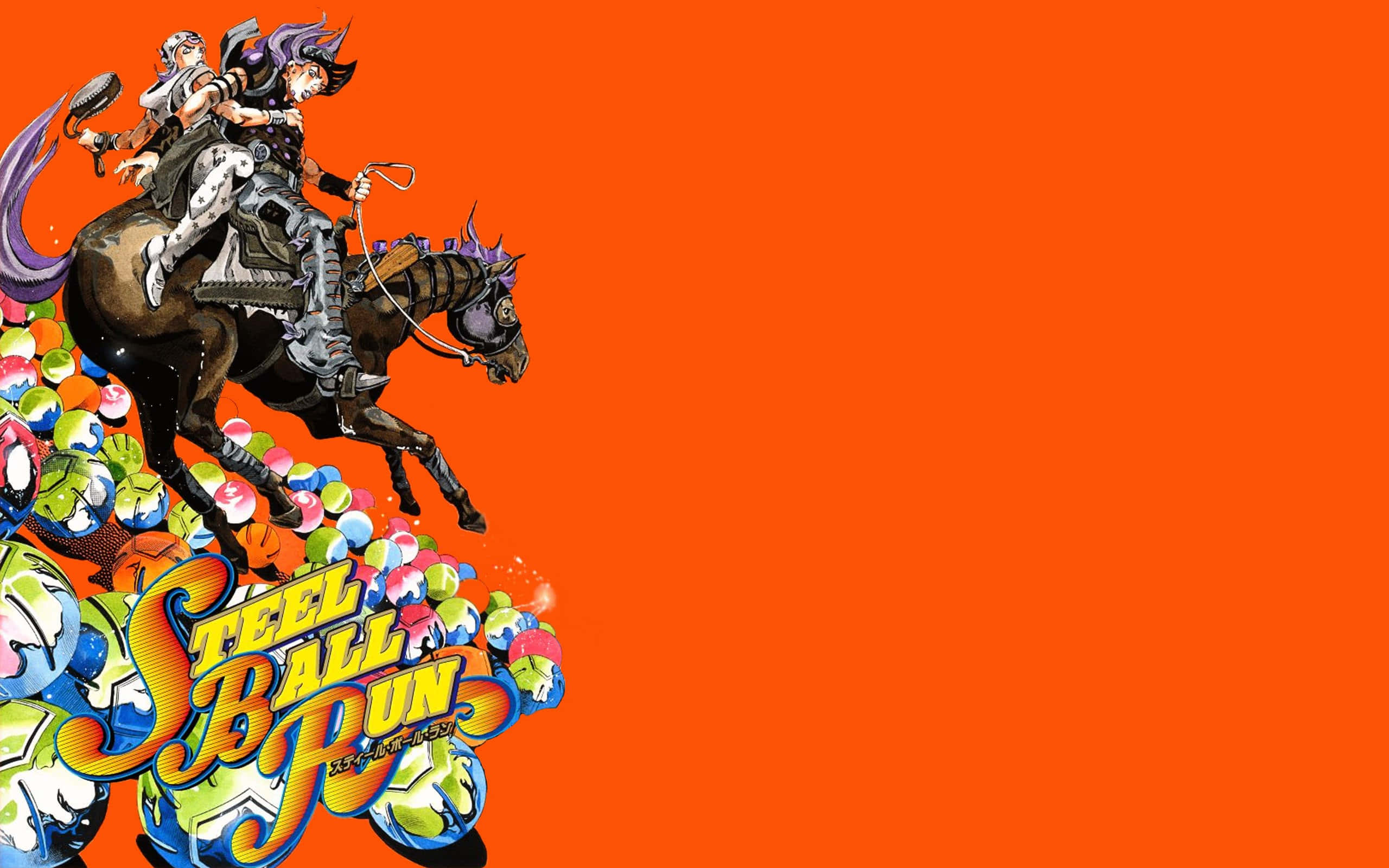Jojo 桌布 壁紙 — 兩個動漫角色騎著馬穿過一片色彩繽紛的鋼球海洋，背景為純橙色。