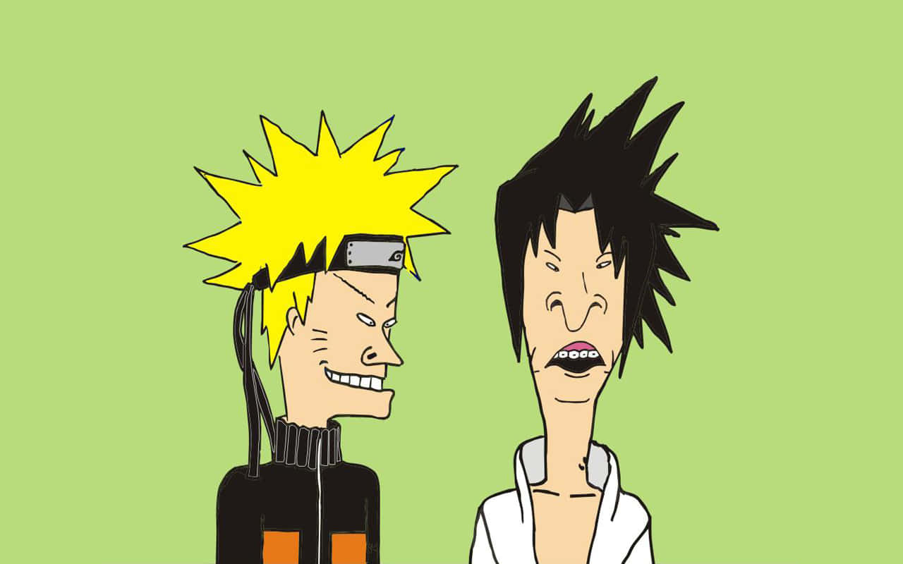 Funny Naruto 桌布 壁紙 — 兩個動漫角色鳴人和佐助並肩站立，背景為純綠色，髮型和表情形成對比。