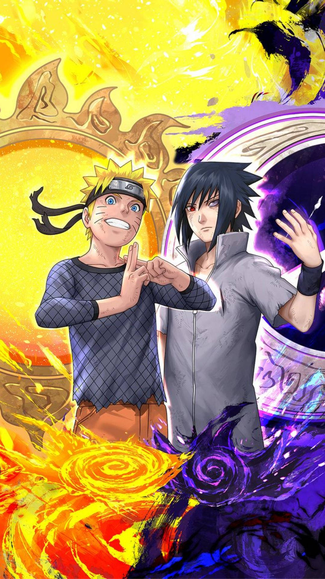 sasuke uchiha 桌布 壁紙 — 兩個動漫角色鳴人和佐助背靠背站立，黃色和紫色的查克拉能量在他們周圍旋轉。