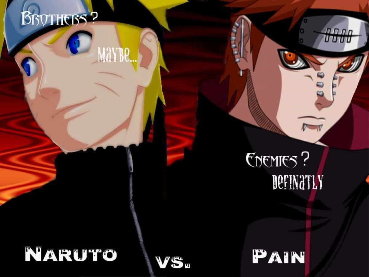 Akatsuki Pain 桌布 壁紙 — 兩個動漫角色鳴人和佩恩對峙，文字討論他們是兄弟還是敵人，背景為火紅色。