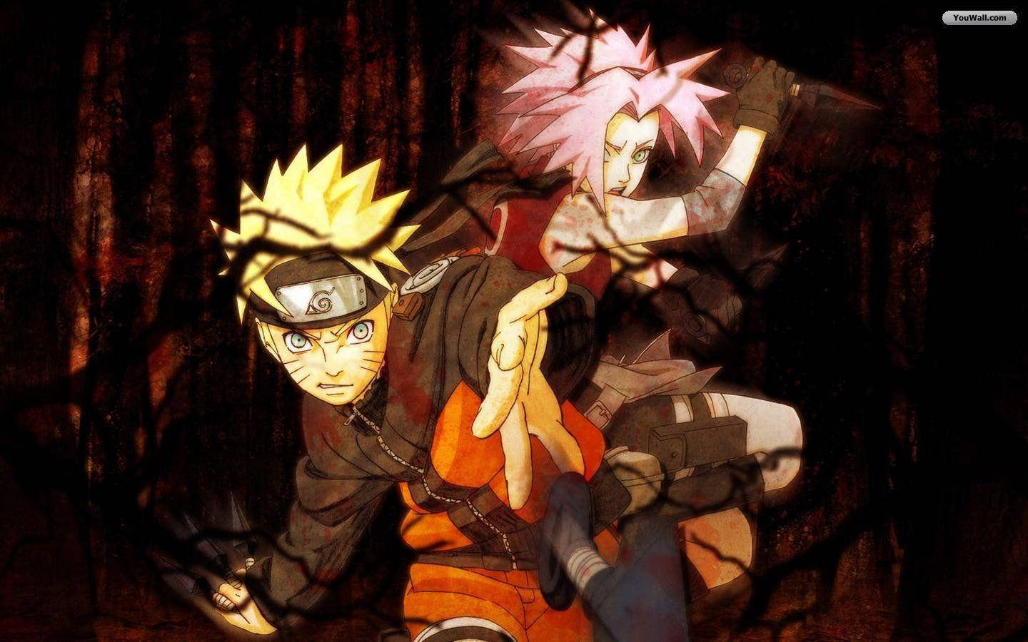 Sakura 桌布 壁紙 — 兩個動漫角色鳴人和小櫻以動態戰鬥姿勢，被黑暗樹枝框住，背景是陰暗的森林。