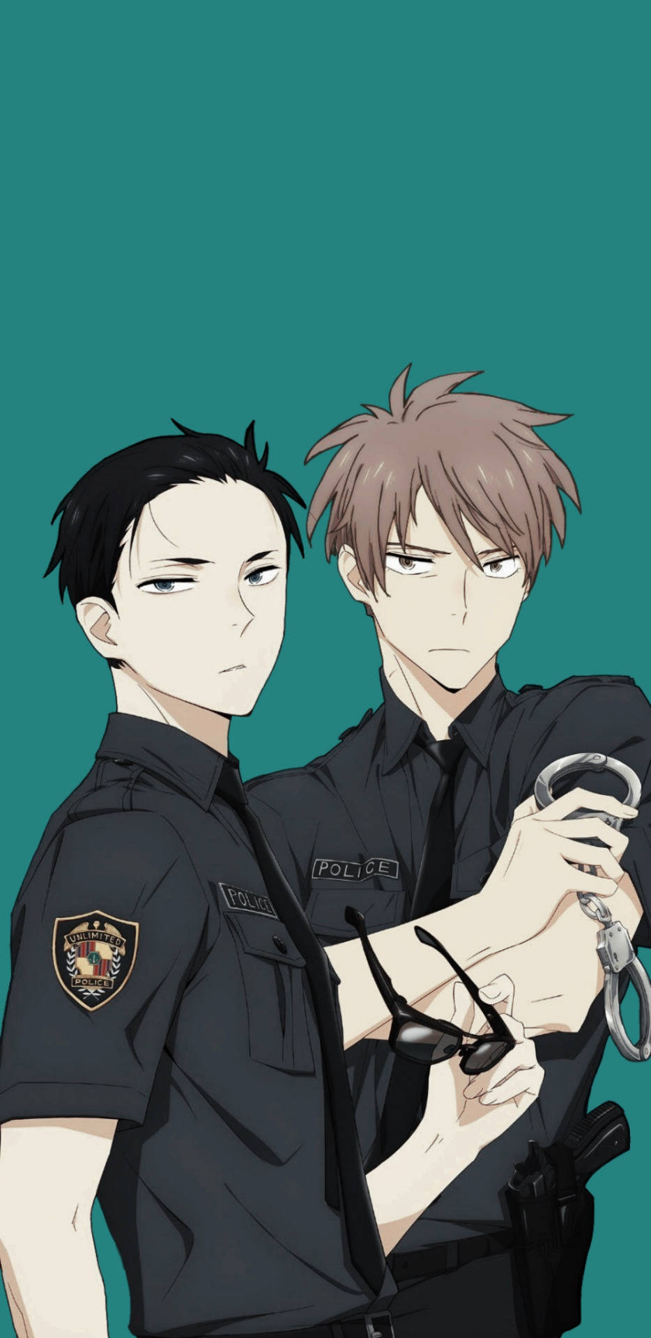 daisuke kambe 桌布 壁紙 — 兩個動漫警察站得很近，一個拿著手銬和太陽眼鏡，背景是青綠色。
