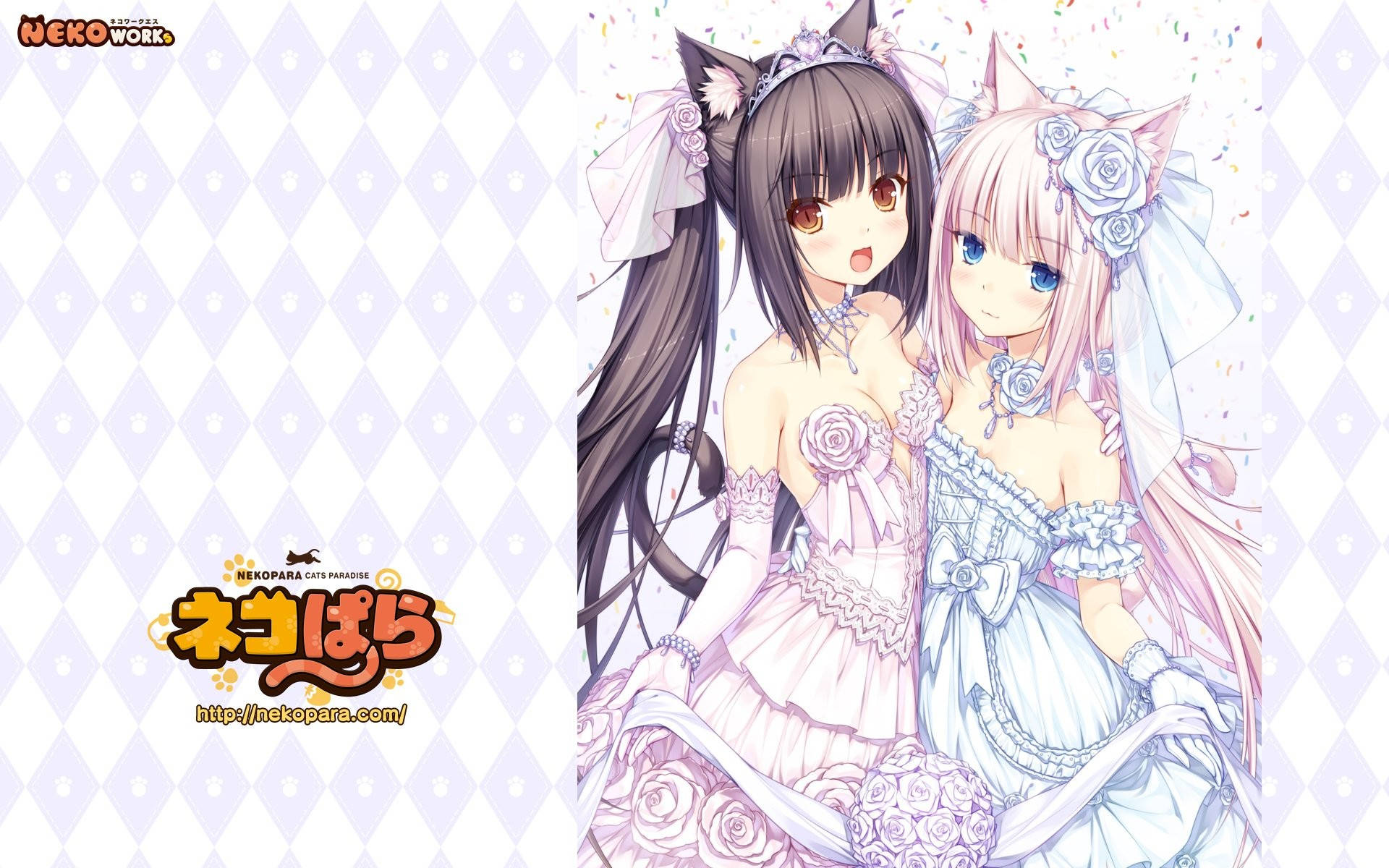 Nekopara 桌布 壁紙 — 兩個動漫貓娘穿著婚紗，在鑽石圖案背景和五彩紙屑中一起擺姿勢。