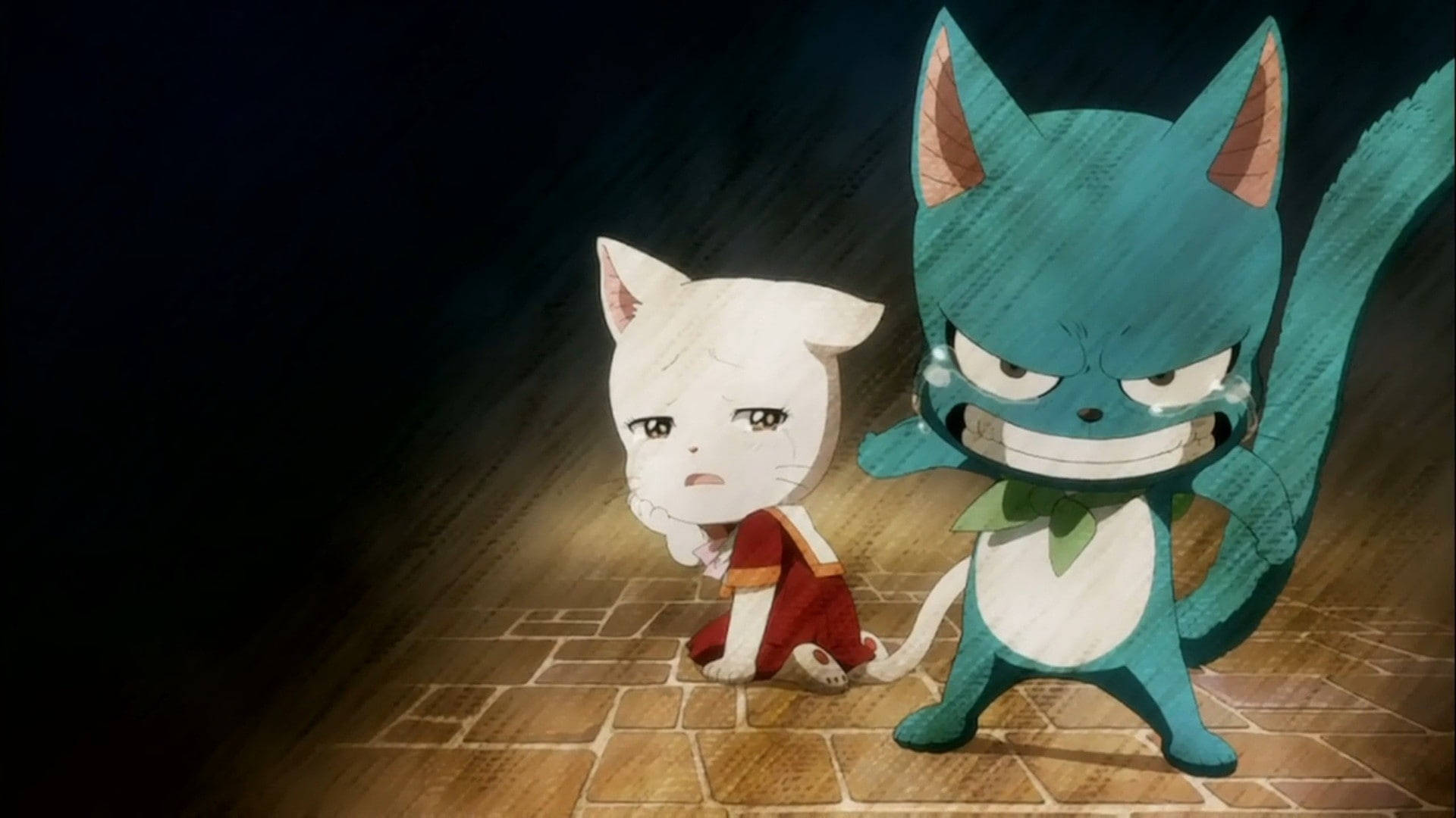 Fairy Tail Characters 桌布 壁紙 — 兩個動漫貓角色，一個白色悲傷，一個藍綠色憤怒，站在石地板上，處於戲劇性的聚光燈下。