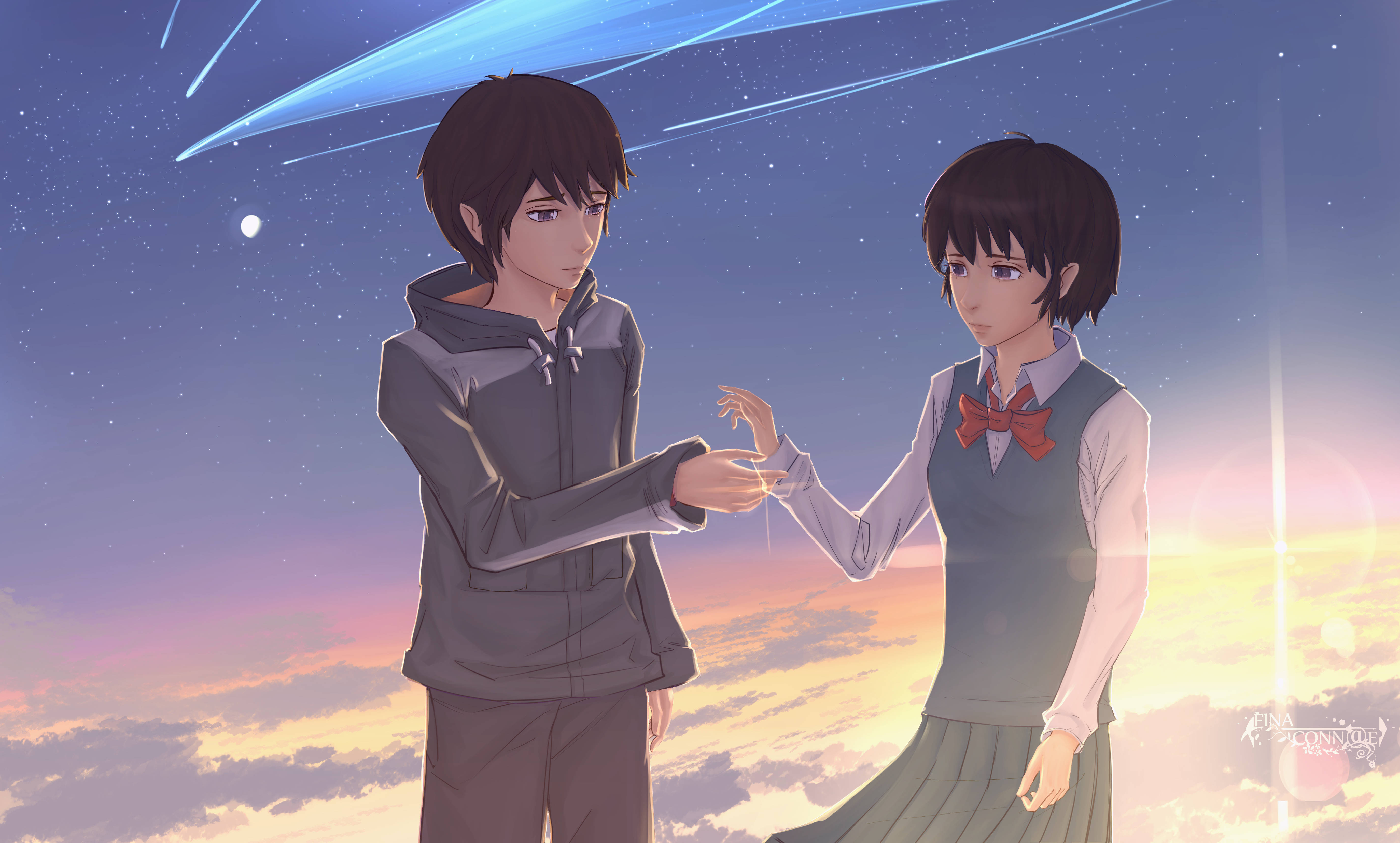 Best Friends Forever 桌布 壁紙 — 兩個動漫青少年伸出手觸碰彼此，背景是帶有宇宙光芒和星星的暮色天空。