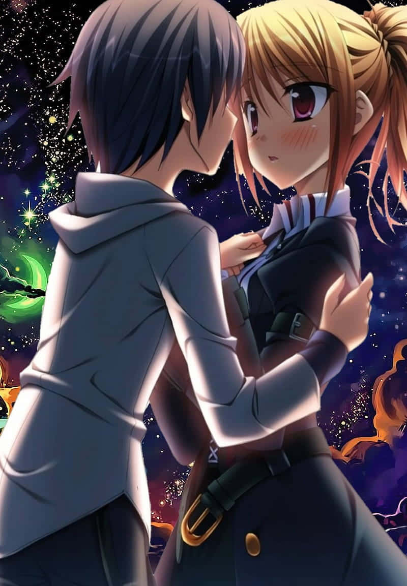 Broken Heart Anime 桌布 壁紙 — 兩個動漫青少年在充滿星星和星雲的鮮豔宇宙背景下溫柔擁抱。