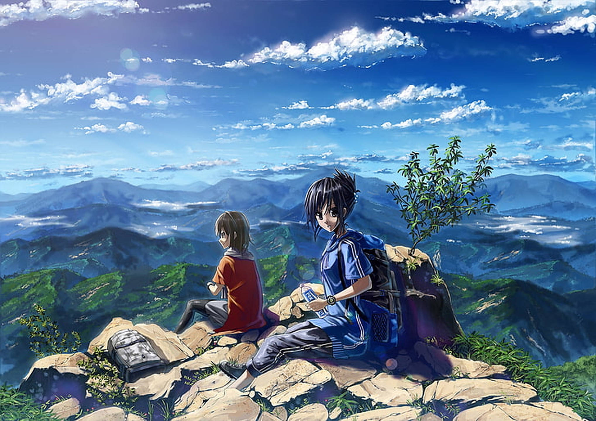 Hiking 桌布 壁紙 — 兩個動漫青少年在岩石山頂上休息，俯瞰著無盡的綠色山谷，天空湛藍，白雲朵朵。