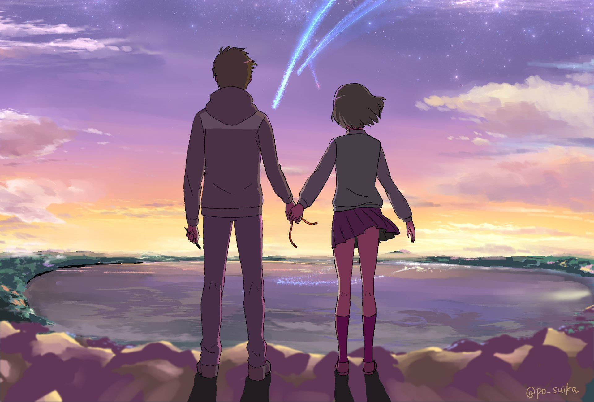 hands 桌布 壁紙 — 兩個動漫青少年在懸崖邊牽手，看著一顆發光的彗星劃過暮色天空。