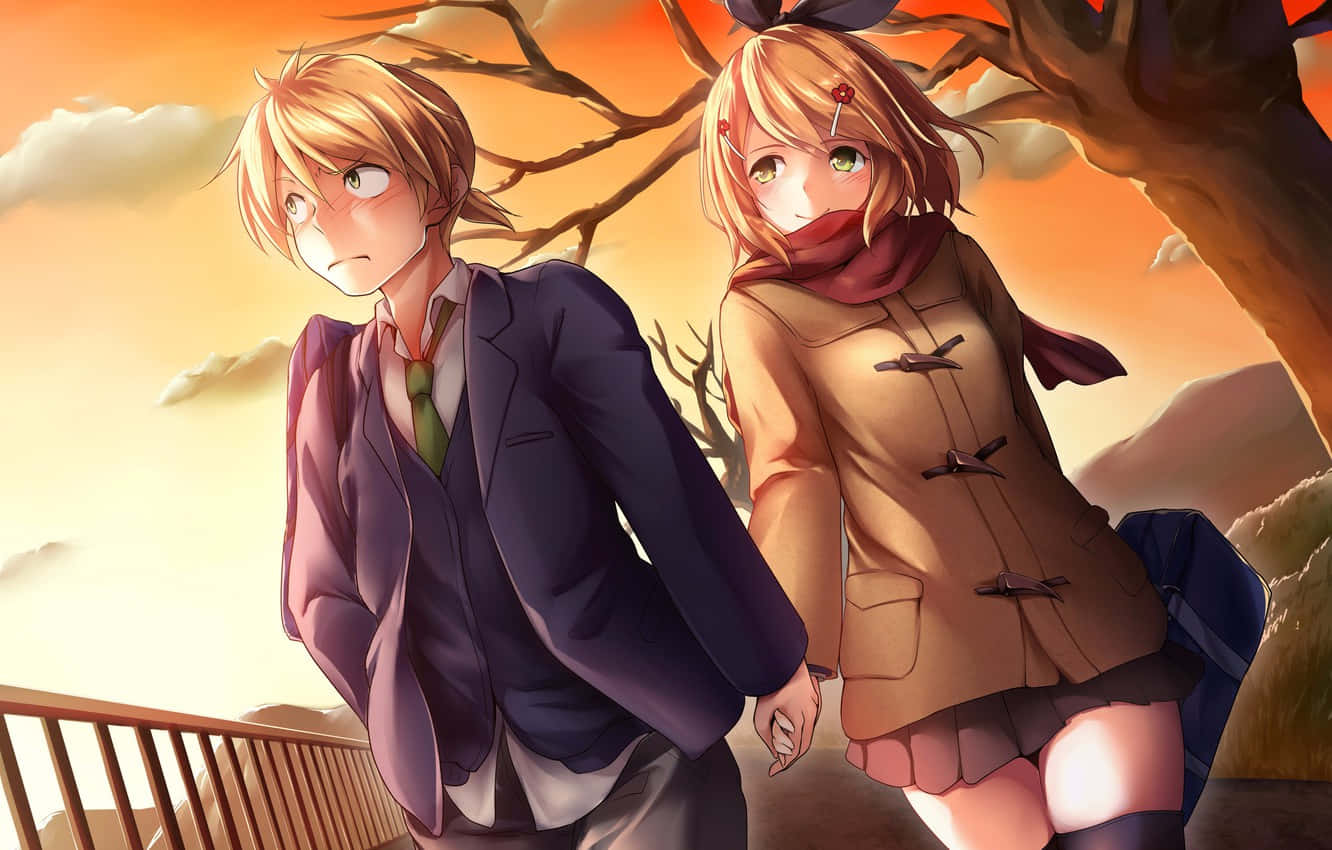 Anime Sunset 桌布 壁紙 — 兩個動漫青少年在日落時分，在溫暖的橙色天空和遠山背景下，在一棵光禿禿的樹下牽手。