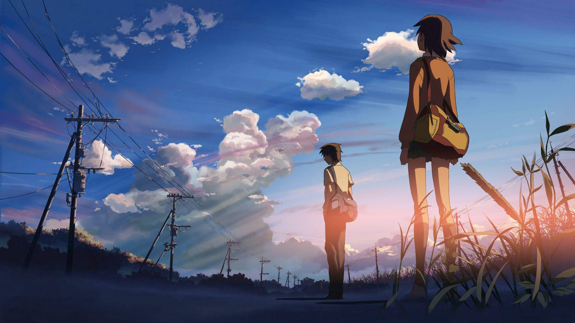 兩個動漫角色在日落時分站在鄉村道路旁觀看天空。 — 4K 優雅動漫壁紙 壁紙