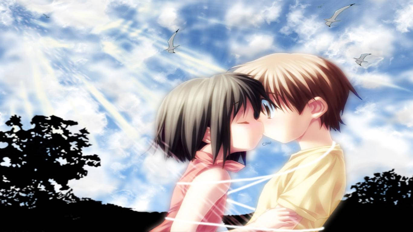 Cute Love 桌布 壁紙 — 兩個動漫青少年在明亮的藍天下接吻，海鷗飛翔，陽光穿過雲層。