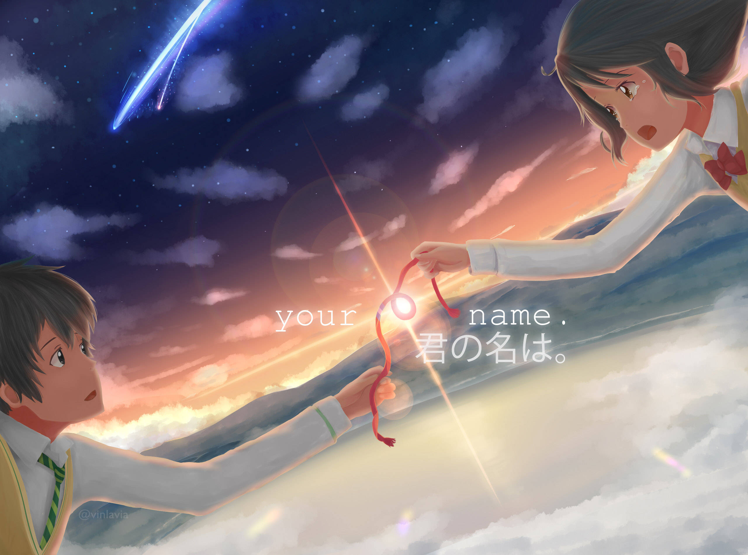 動漫 桌布 壁紙 — 兩個動漫青少年在星空下伸手拿著一條發光的紅絲帶，一顆彗星從頭頂掠過。