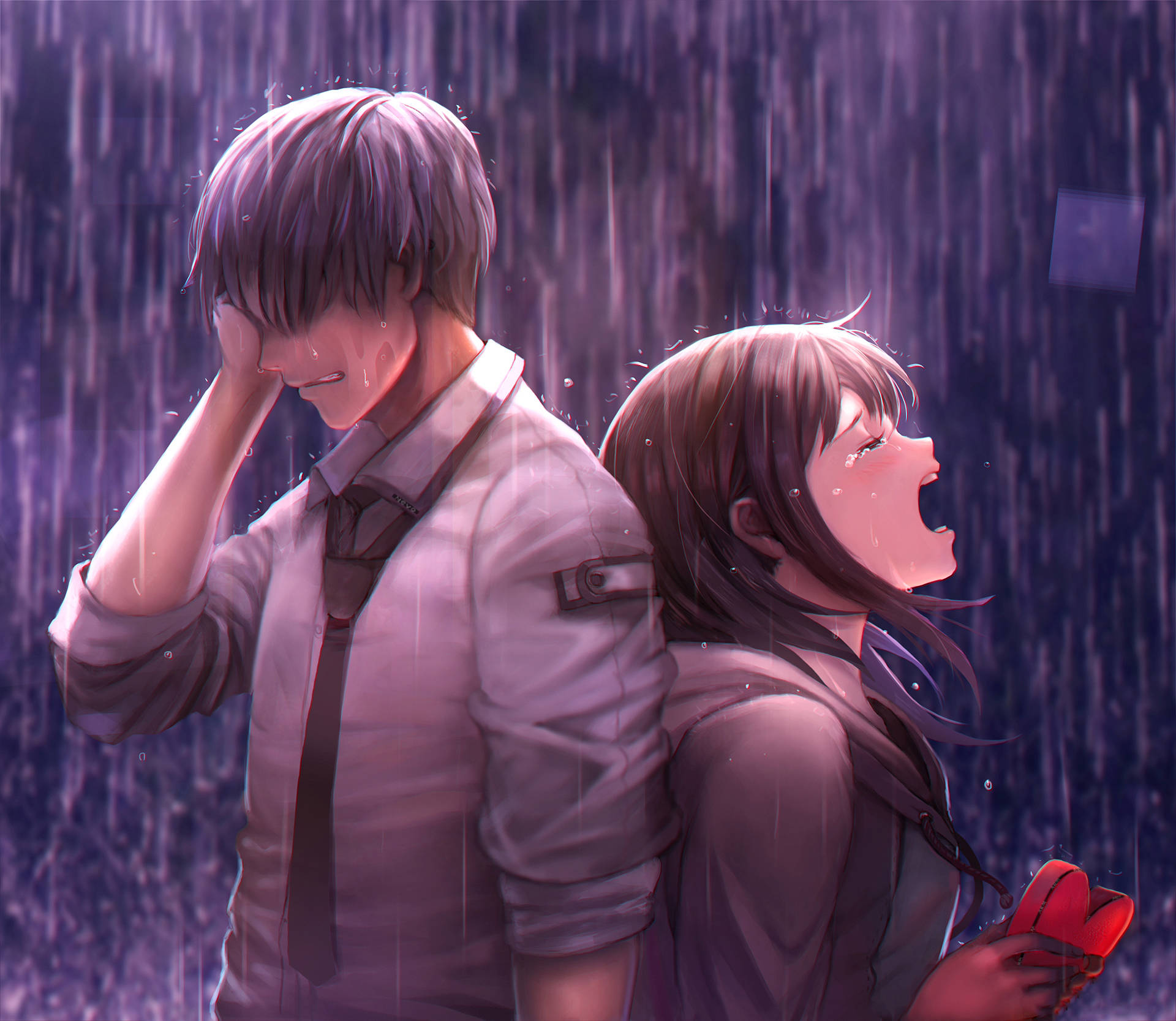 憂鬱動漫男孩 桌布 壁紙 — 兩個動漫青少年在暴雨中背對背站立，一個在哭，另一個在笑，拿著紅色鞋子。
