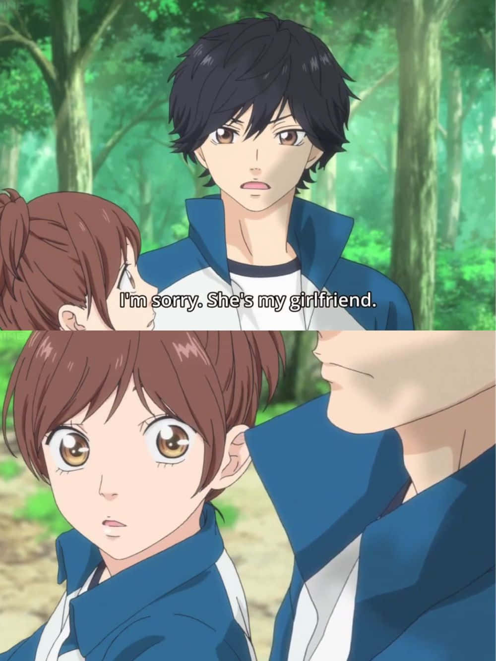 Ao Haru Ride 桌布 壁紙 — 兩個動漫青少年在森林中進行情感對峙，帶有文字疊加。