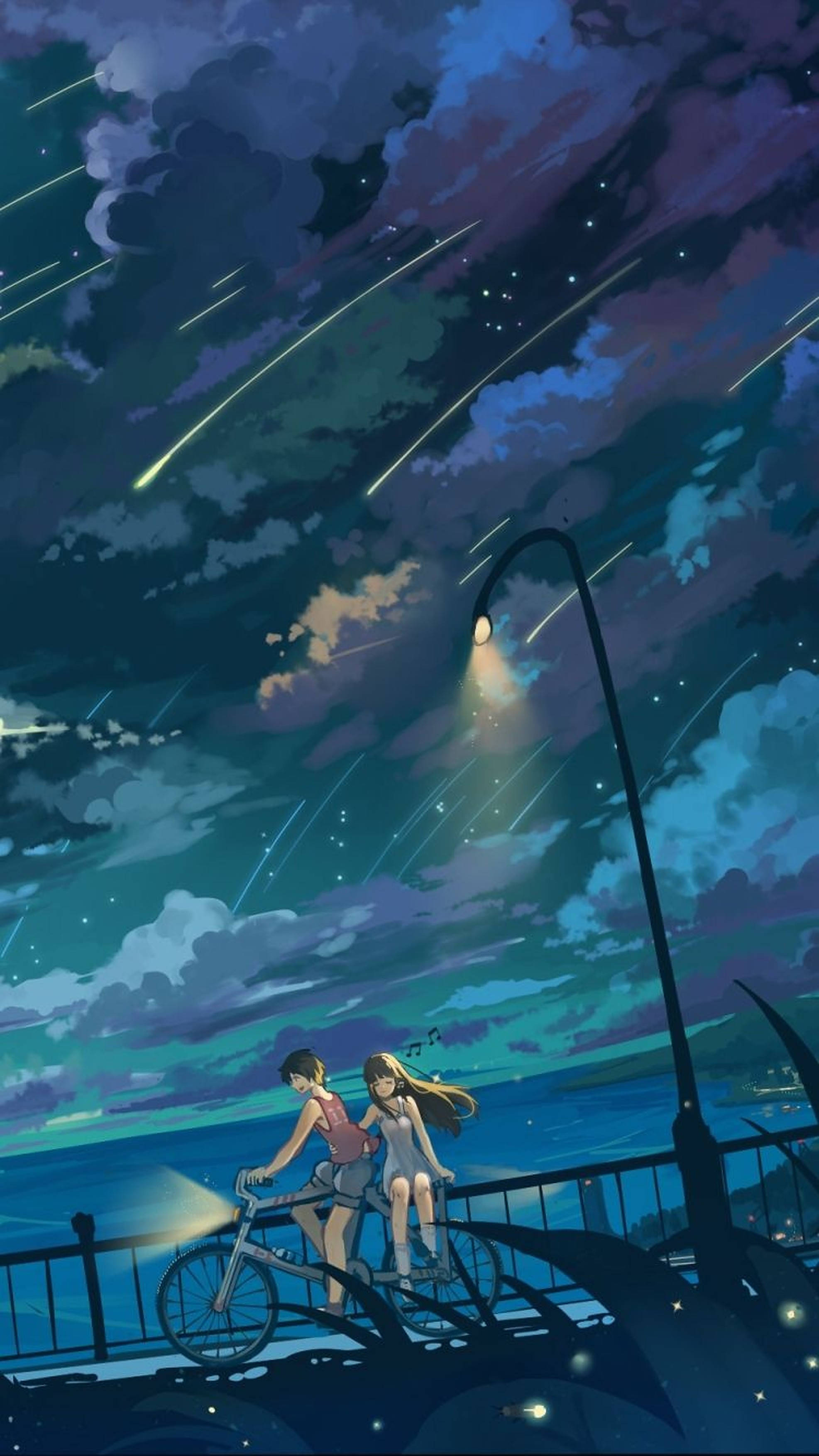 動漫 iPhone 桌布 壁紙 — 兩個動漫青少年在滿是流星和發光雲朵的星空下騎自行車。