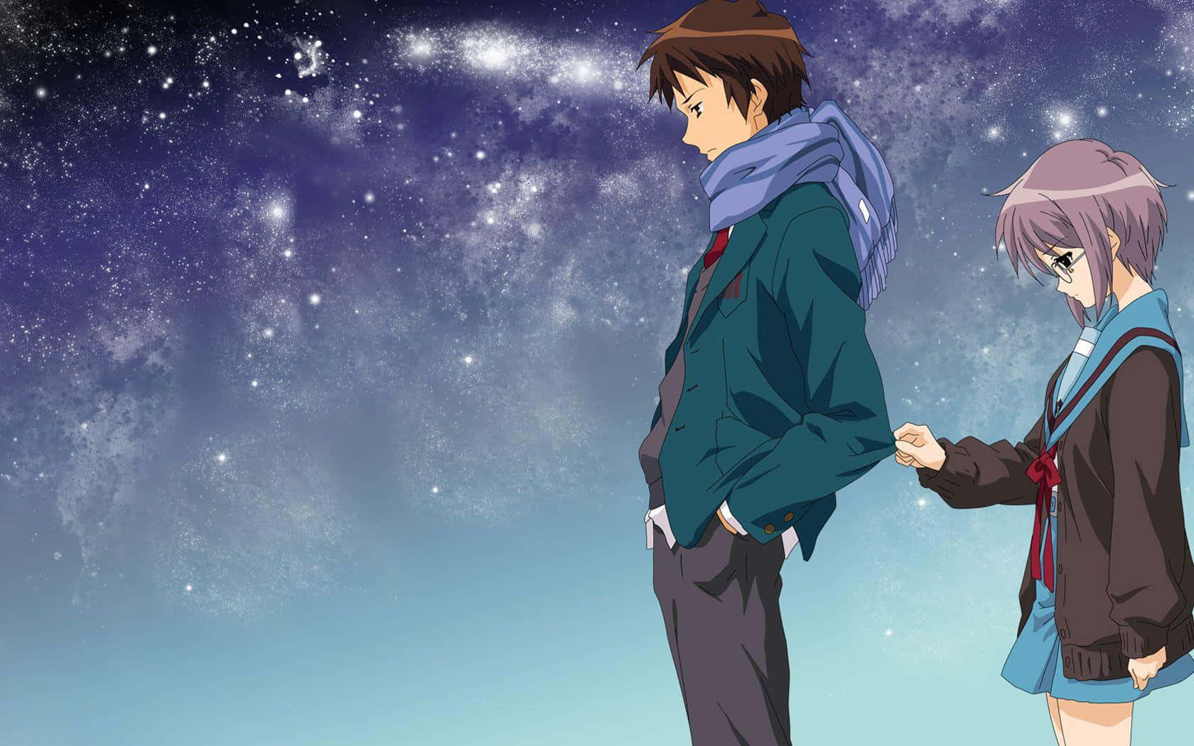 可愛動漫情侶 桌布 壁紙 — 兩個動漫青少年在繁星點點的夜空下牽手，背後是發光的星系。