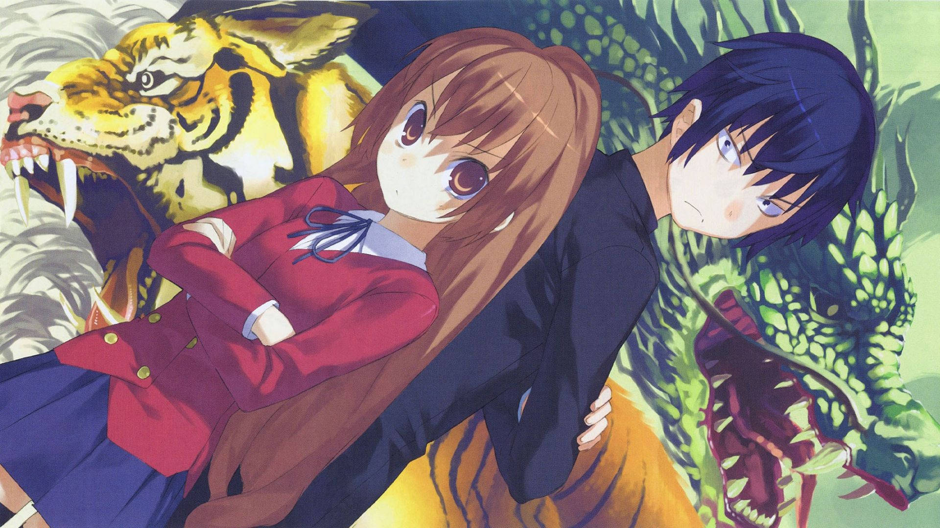 Toradora 桌布 壁紙 — 兩個動漫青少年在茂密的叢林樹葉中靠著咆哮的老虎和龍休息。