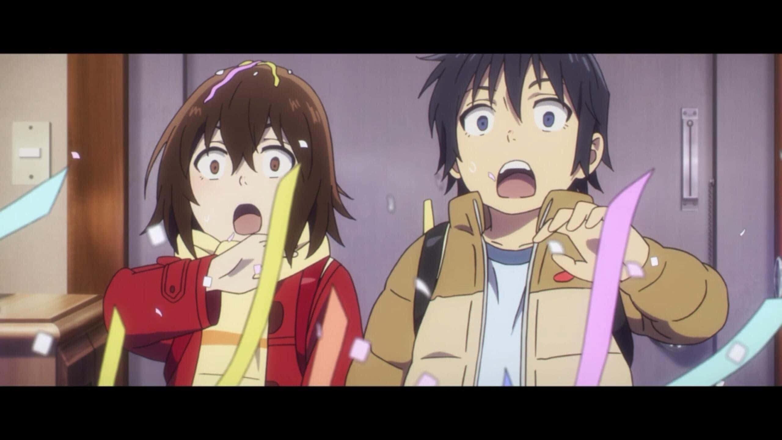 Erased 桌布 壁紙 — 兩個動漫青少年在走廊中驚恐尖叫，彩色絲帶在他們周圍飛舞。