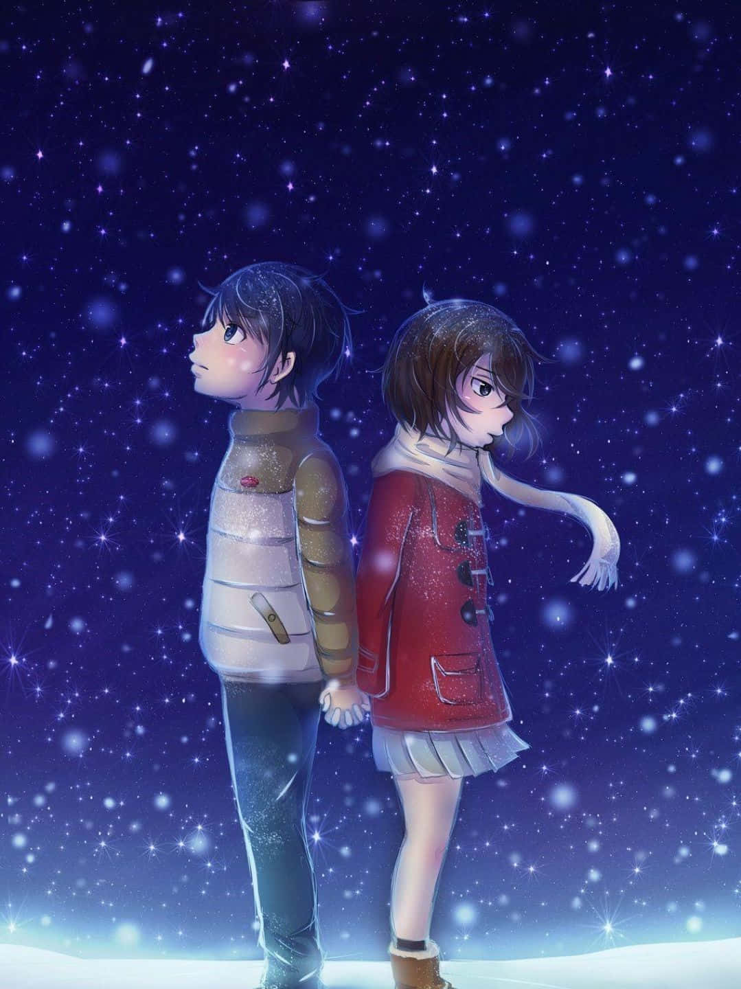 Erased 桌布 壁紙 — 兩個動漫青少年在閃爍的星空下站在雪中牽手。