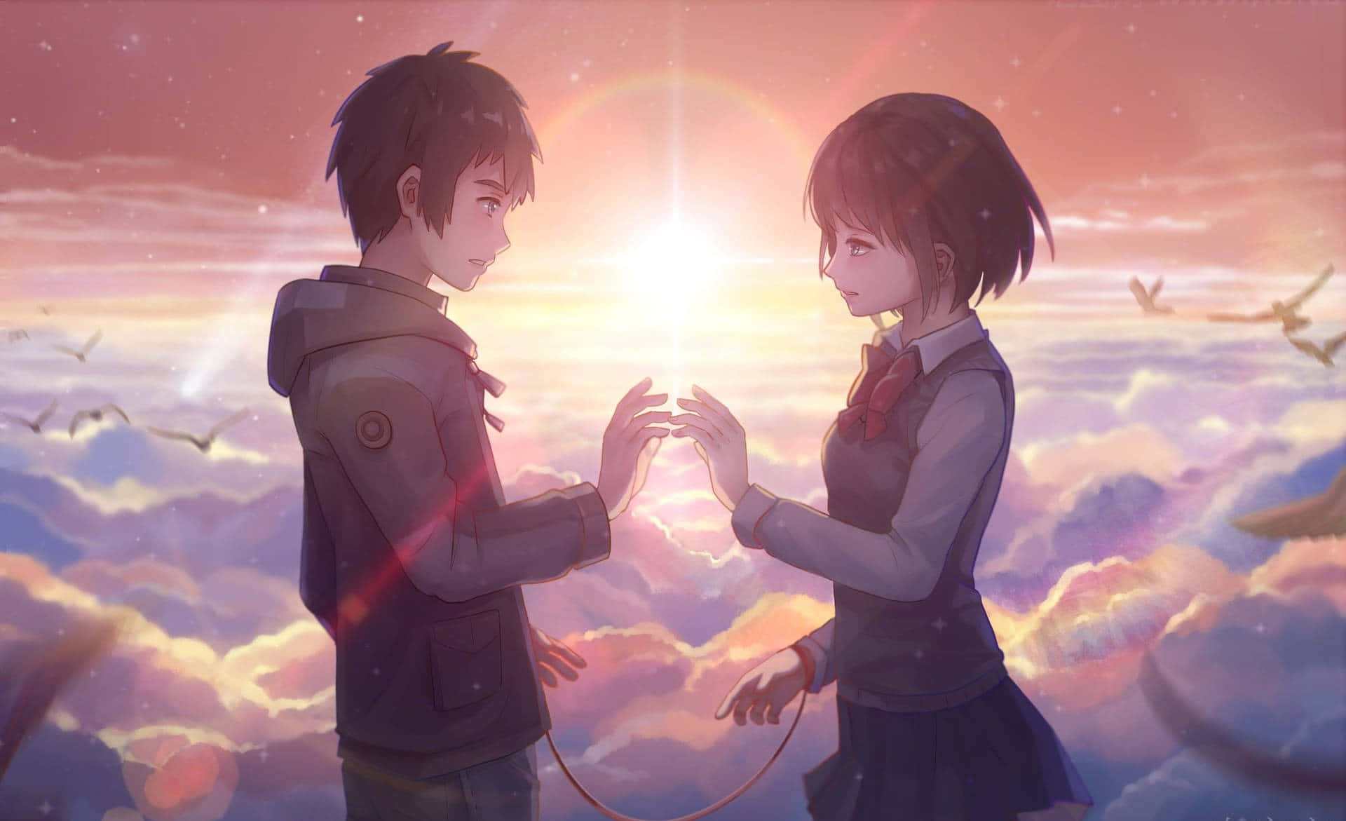 Best Anime 桌布 壁紙 — 兩個動漫青少年在雲端上伸手觸碰彼此，太陽在他們身後發光。