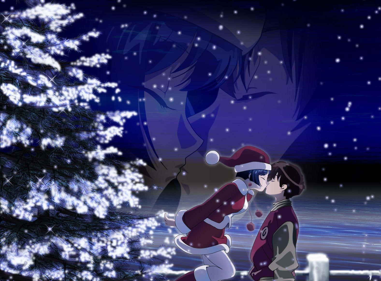 動漫聖誕 桌布 壁紙 — 兩個動漫青少年在飄雪中接吻，旁邊有一棵發光的樹，一個幽靈般的身影在上方觀看。